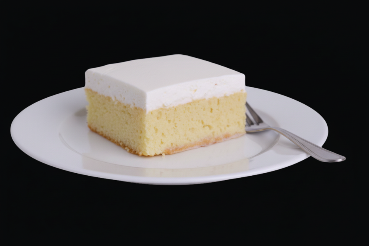 tres leche cake with whipped cream on a white plate